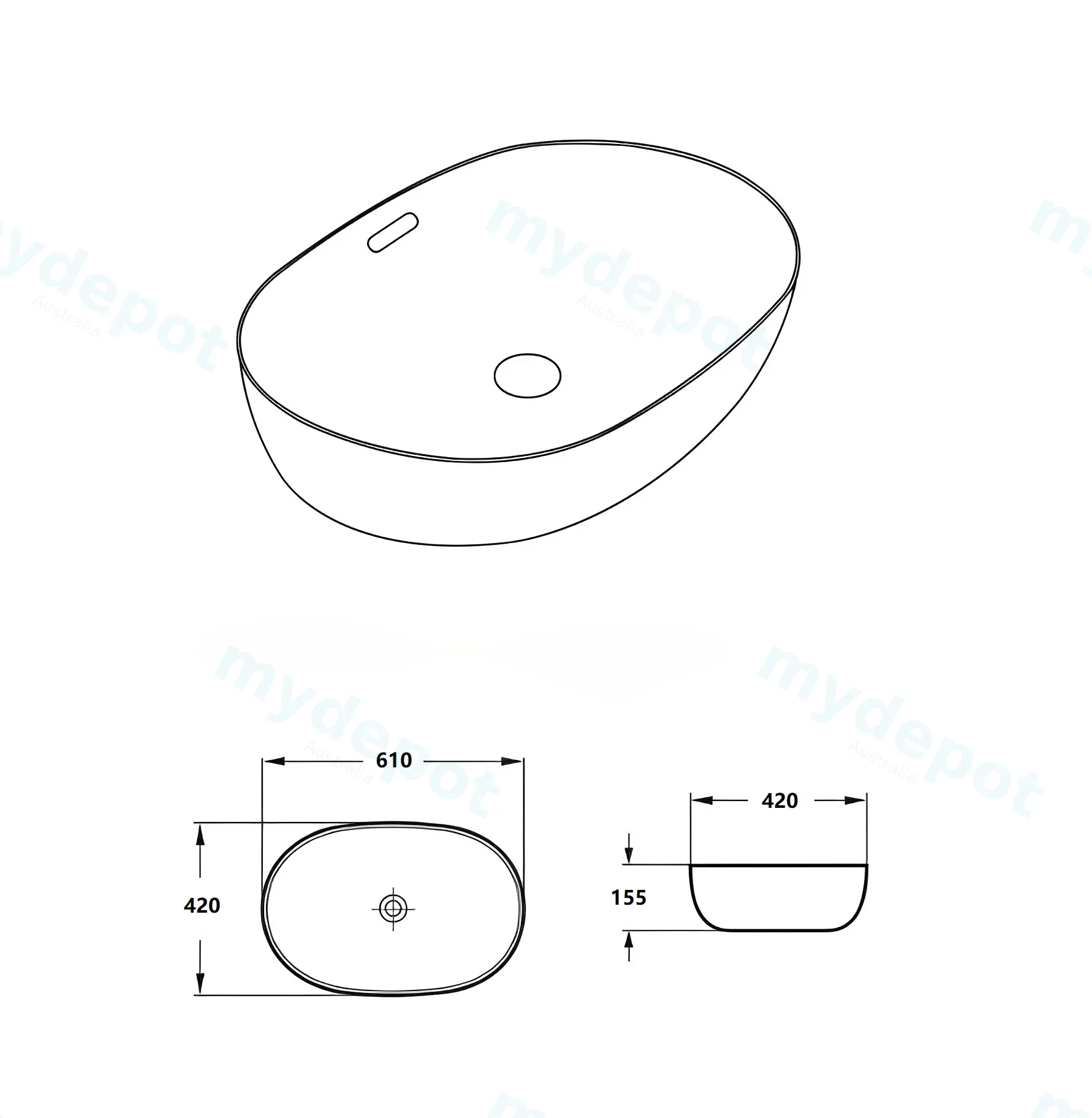 610*420*155mm Matte White Ellips Fine Ceramic Above Counter Basins Overflow,32mm Waste view 2
