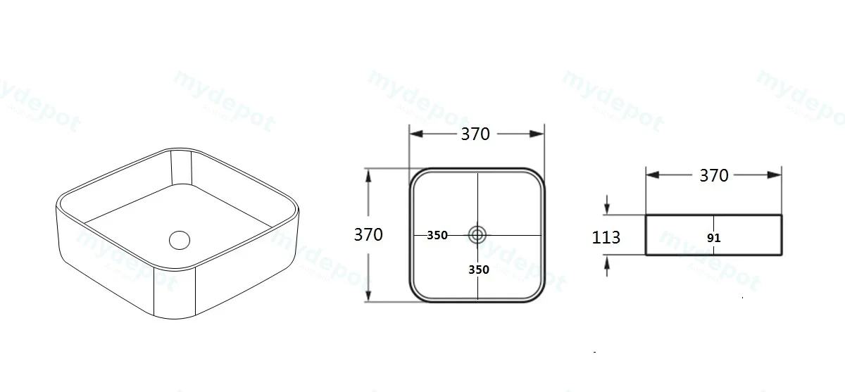 370*370*113mm Matte White Kliff Fine Ceramic Above Counter Basin No Overflow,32mm Waste view 3