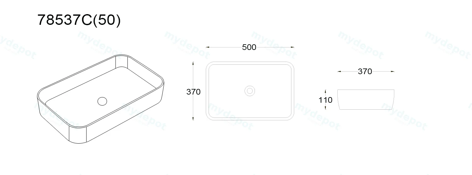 500*370*110mm Matte White Kliff Fine Ceramic Above Counter Basin No Overflow,32mm Waste view 3