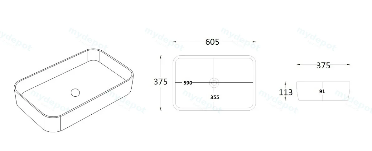 605*375*113mm Gloss White Kliff Fine Ceramic Above Counter Basin No Overflow,32mm Waste view 2