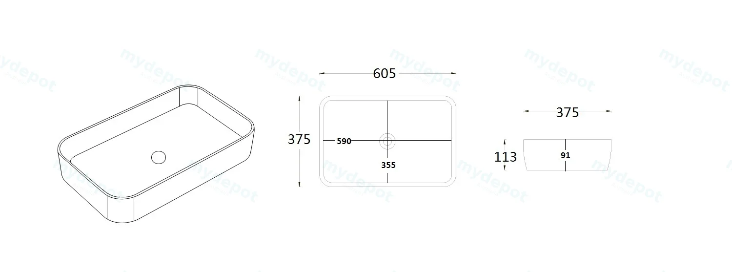 605*375*113mm Matte White Kliff Fine Ceramic Above Counter Basin No Overflow,32mm Waste view 2