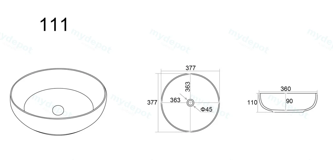 377*377*110mm Gloss White Oban Fine Ceramic Above Counter Basins No Overflow,32mm Waste view 2