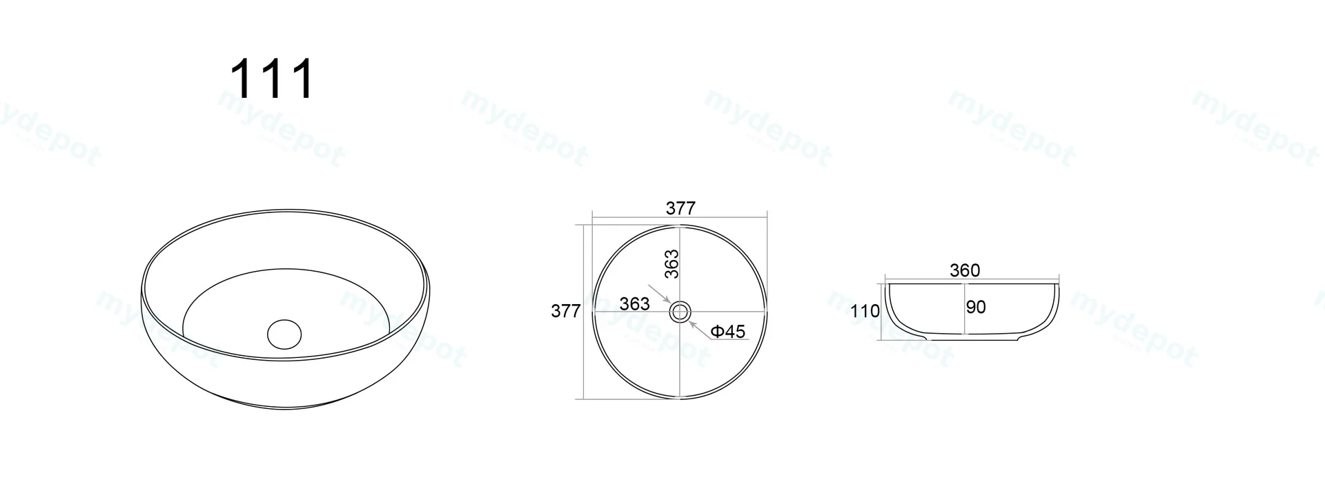 377*377*110mm Matte Black Oban Fine Ceramic Above Counter Basins No Overflow,32mm Waste view 2