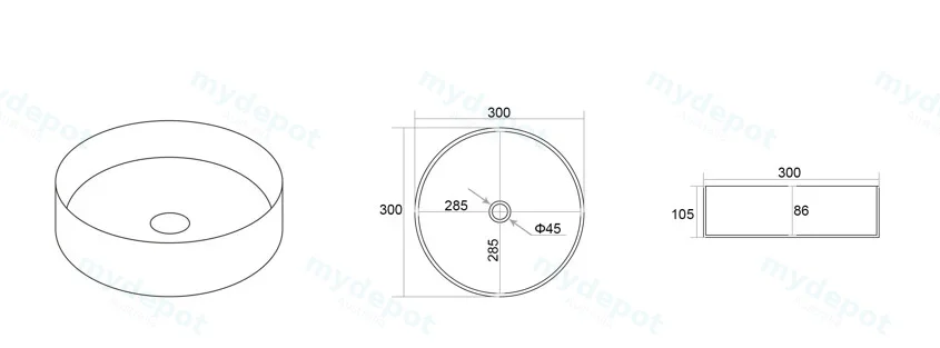 300*300*105mm Gloss White Olley Fine Ceramic Above Counter Basin No Overflow,32mm Waste view 2