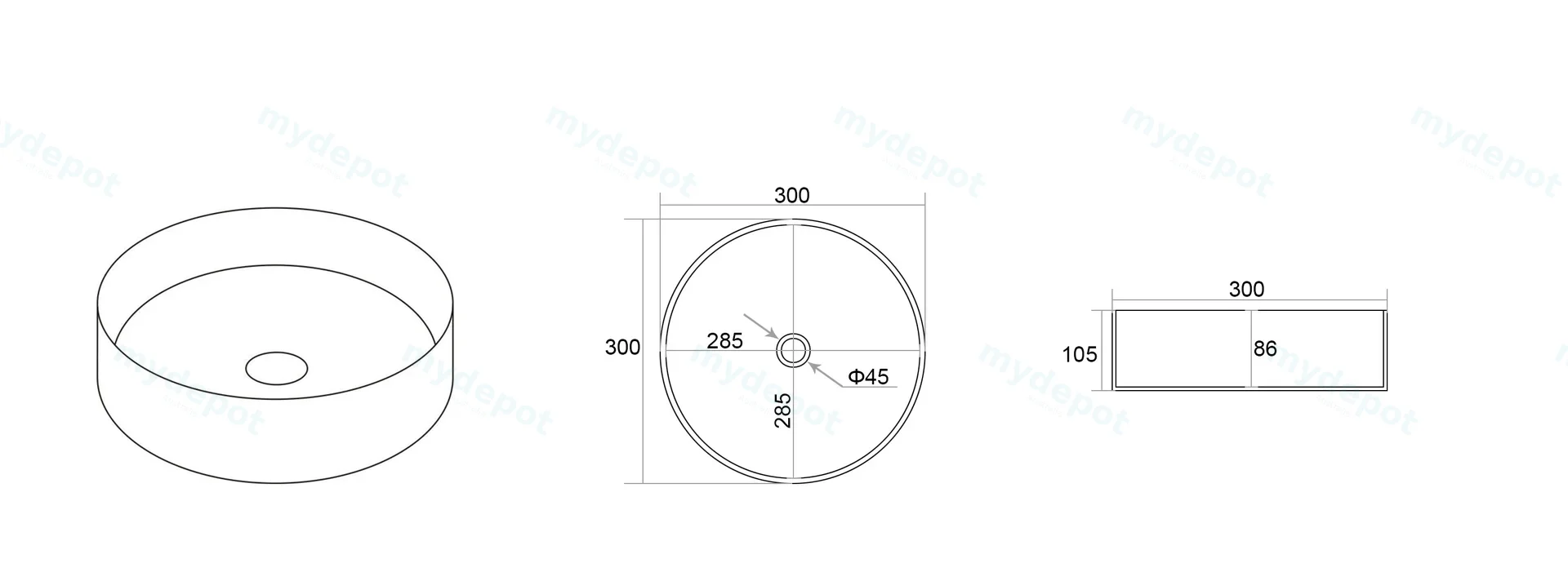 300*300*105mm Matte White Olley Fine Ceramic Above Counter Basin No Overflow,32mm Waste view 2