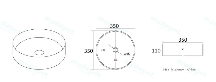 350*350*110mm Gloss White Olley Fine Ceramic Above Counter Basin No Overflow,32mm Waste view 3