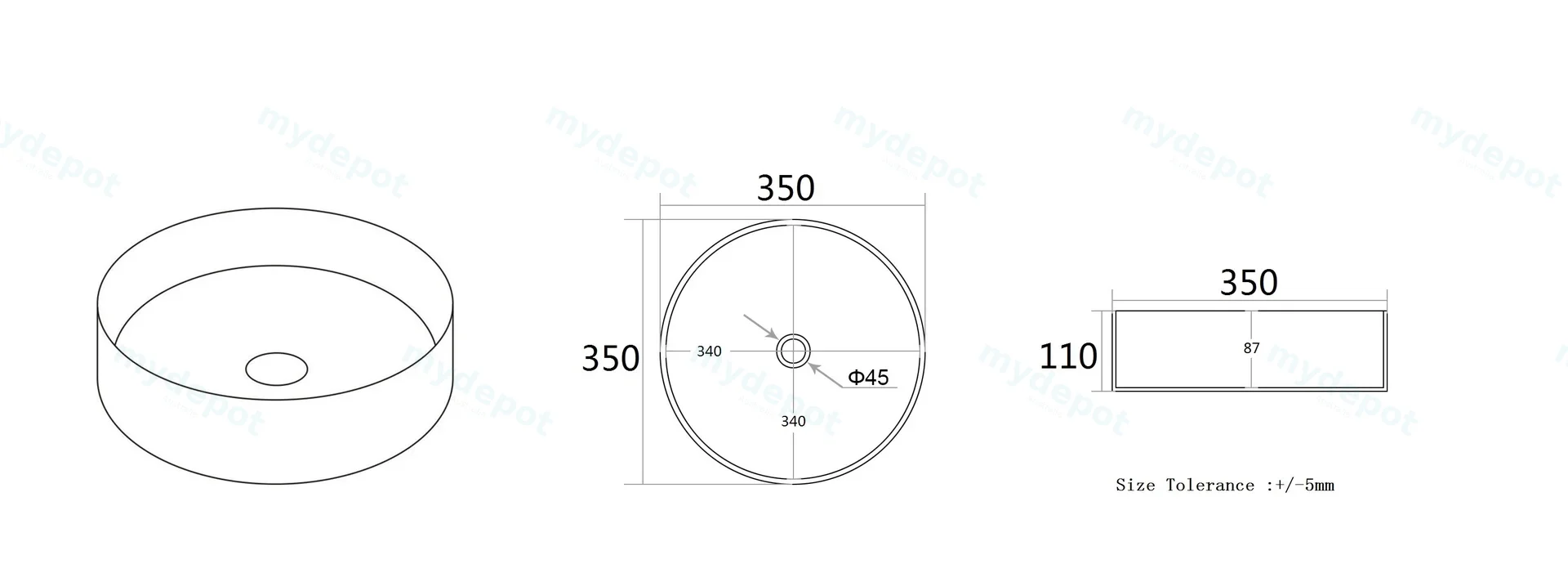 350*350*110mm Matte White Olley Fine Ceramic Above Counter Basin No Overflow,32mm Waste view 2
