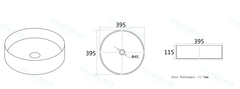 395*395*115mm Matte Black Olley Fine Ceramic Above Counter Basin No Overflow,32mm Waste view 2
