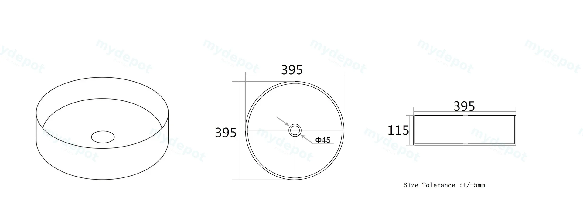 395*395*115mm Matte White Olley Fine Ceramic Above Counter Basin No Overflow,32mm Waste view 2