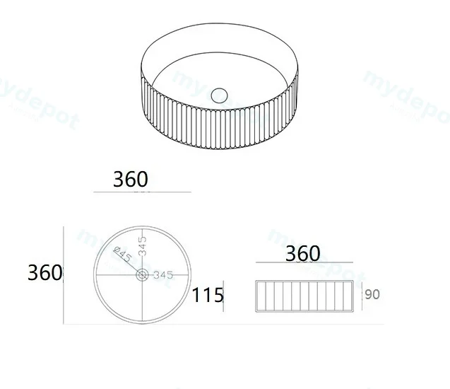 360*360*115 Gloss White Olley Fine Ceramic Fluted Art Basin No Overflow,32mm Waste view 2