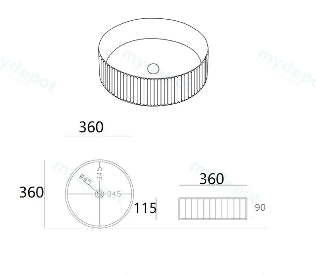 360*360*115 Matte White Olley Fine Ceramic Fluted Art Basin No Overflow,32mm Waste view 2