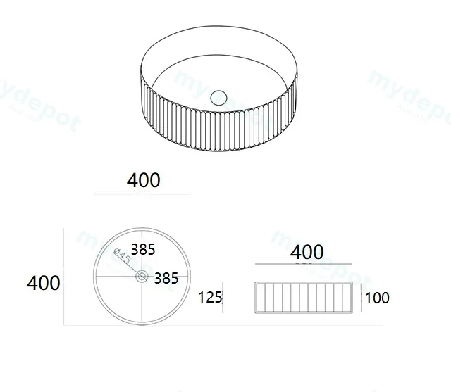 400*400*125mm Gloss White Olley Fine Ceramic Fluted Art Basin No Overflow,32mm Waste view 2