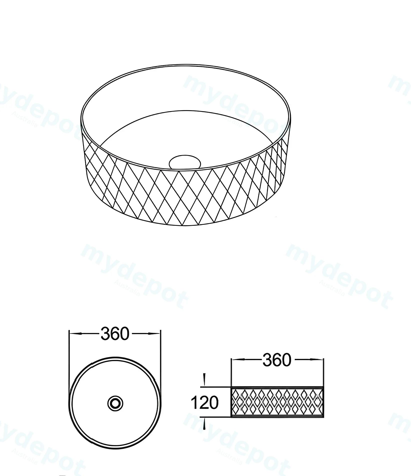 360*360*120mm Matte Black Outside,Matt White Inside Ollia Diamond Fine Ceramic Above Counter Basin No Overflow,32mm Waste view 2