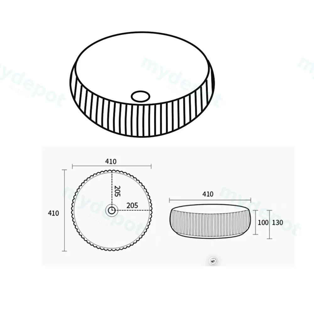 410*410*130mm Gloss White Oran Fine Ceramic Fluted Art Basin No Overflow,32mm Waste view 2