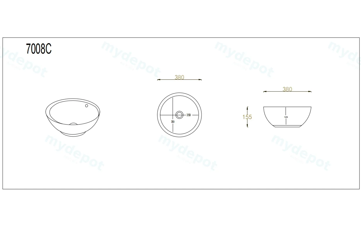 380*380*155mm Gloss White Orbi Fine Ceramic Above Counter Basin Overflow,32mm Waste view 3