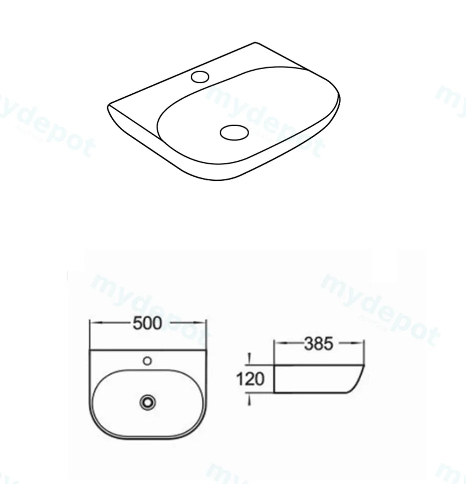 500*385*120mm Gloss White Ellips Fine Ceramic Wall Hung Basin Tap Hole No Overflow,32mm Waste view 3