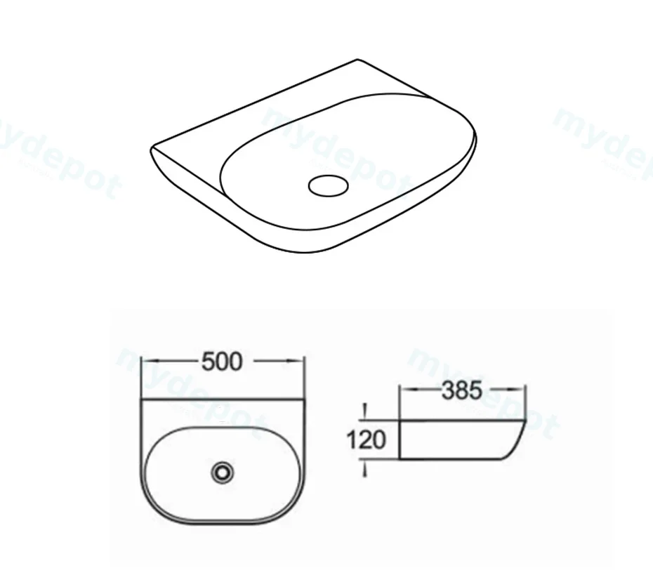 500*385*120mm Gloss WhiteEllips Fine Ceramic Wall Hung Basin No Tap Hole No Overflow,32mm Waste,No Tap Hole view 2