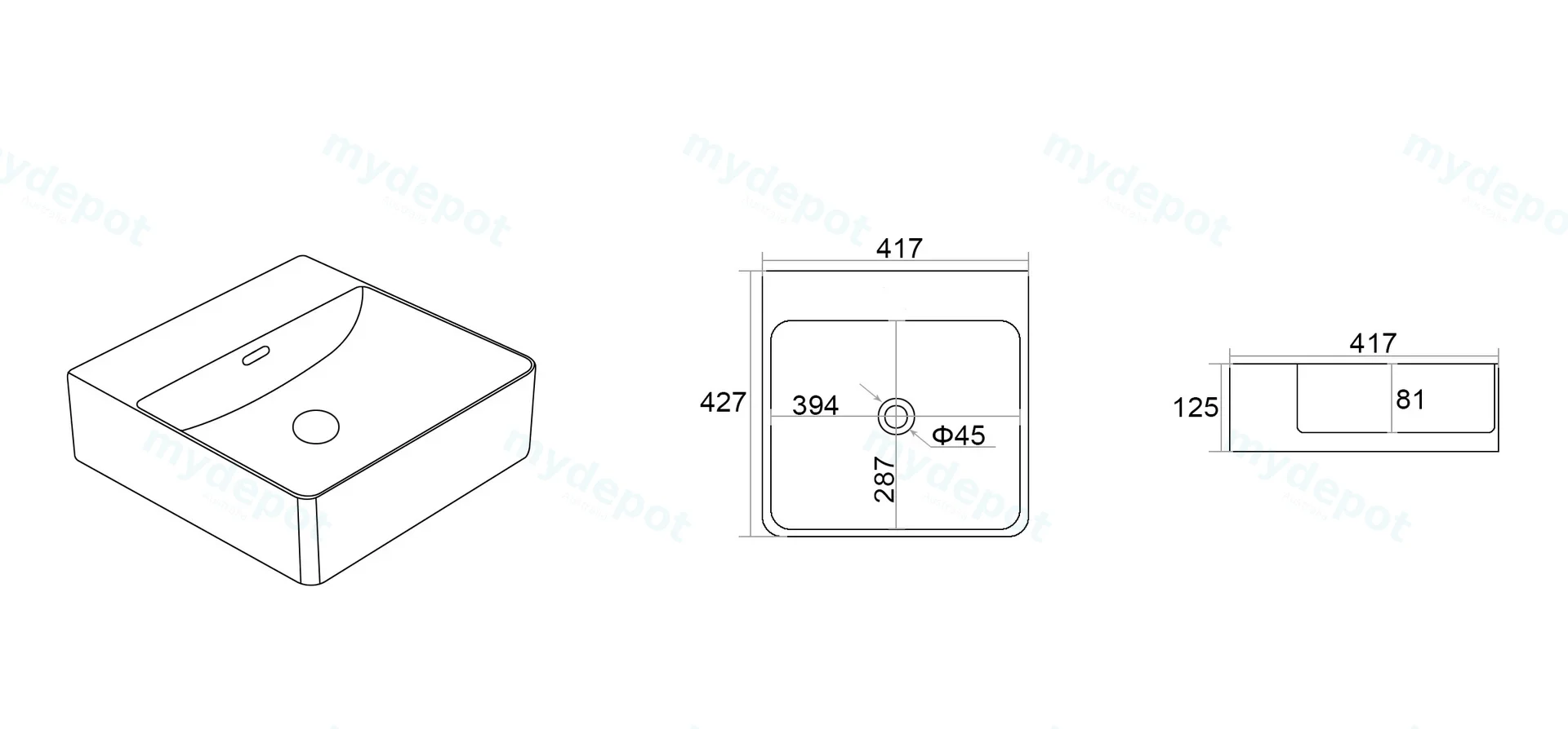 427*417*125mm Gloss White Kliff Fine Ceramic Wall Hung/Above Counter Basin Tap Hole With Overflow,32mm Waste,No Tap Hole view 2