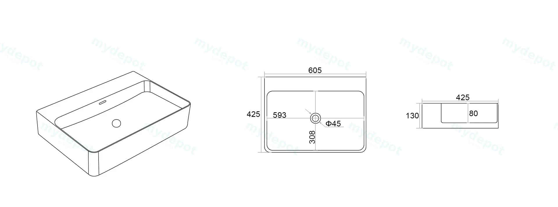 605*425*130mm Gloss White Kliff Fine Ceramic Wall Hung/Above Counter Basin Tap Hole With Overflow,32mm Waste,No Tap Hole view 2
