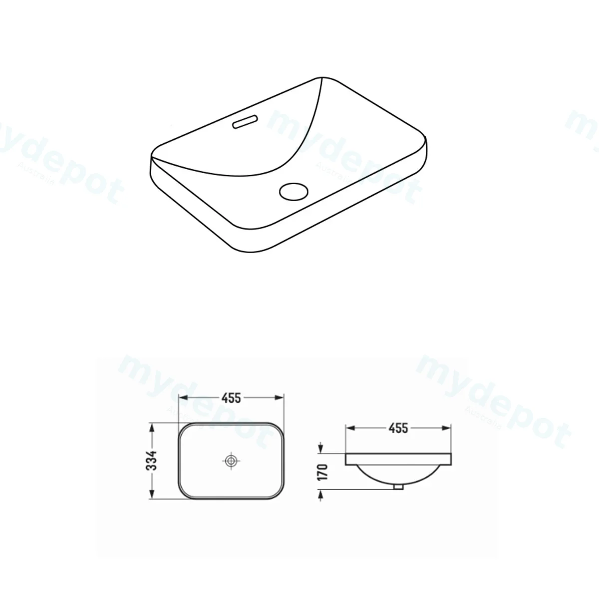 455*334*170mm Gloss White Kliff Fine Ceramic Insert Basin Overflow,32mm Waste view 2