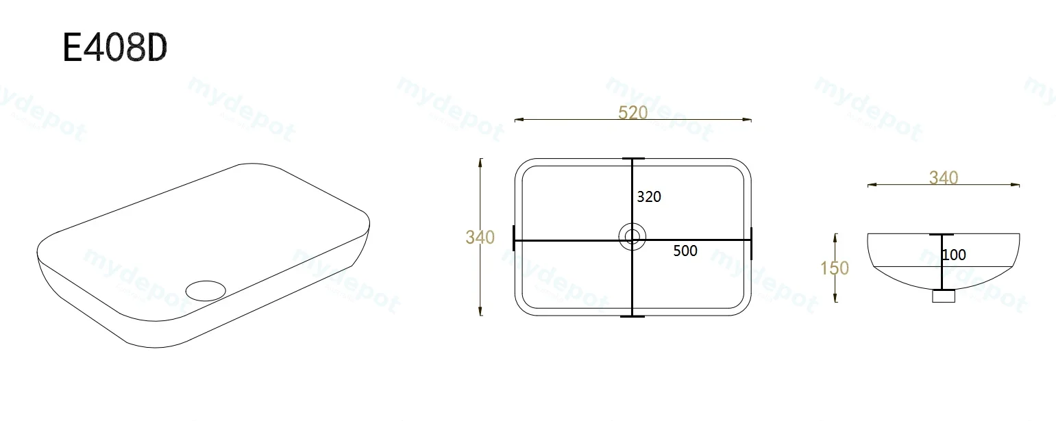 520*340*150mm Matt White Kliff Fine Ceramic Insert Basin No Oerflow view 3