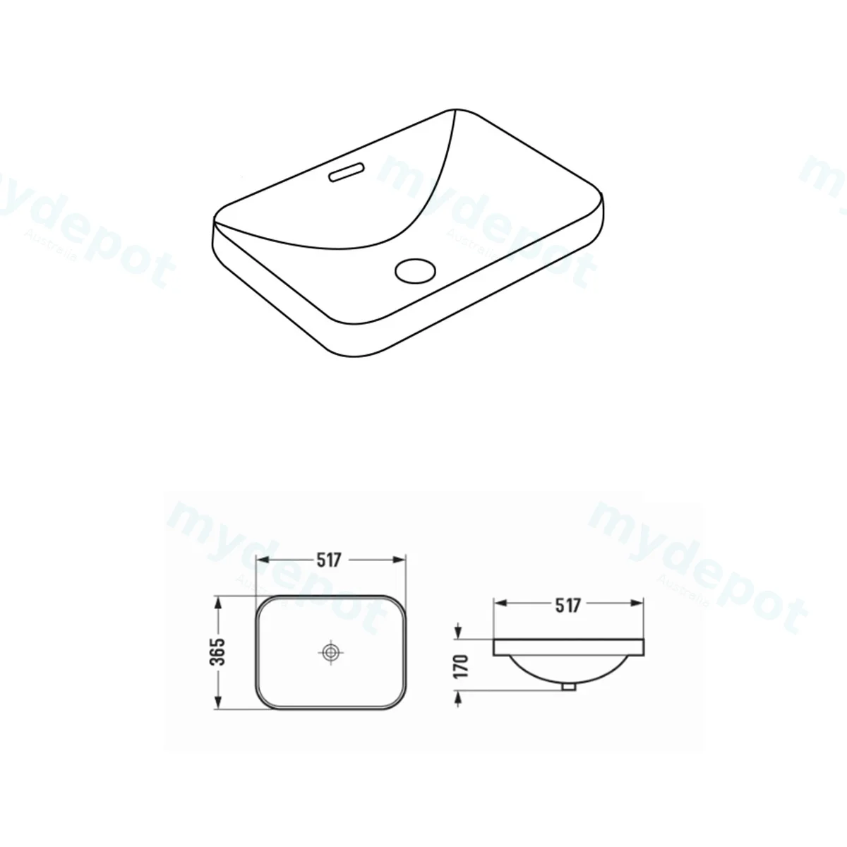 517*365*170mm Gloss White Kliff Fine Ceramic Insert Basin Overflow,32mm Waste view 2