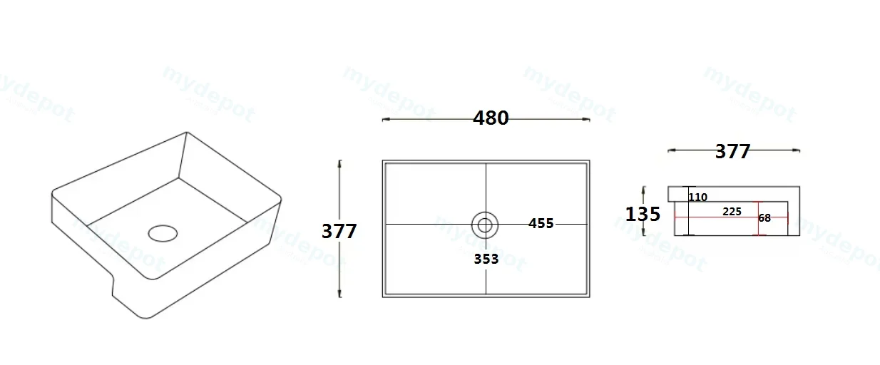 480*377*135mm Gloss White Kliff Fine Ceramic Semi Ress Basin Tap Hole No Overflow,32mm Waste view 3