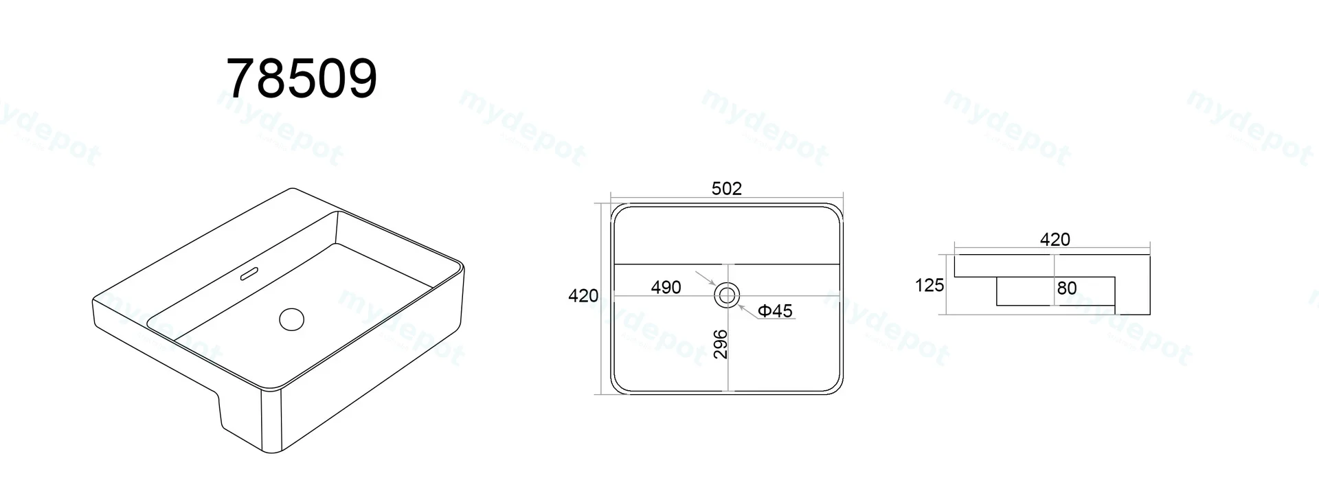 502*420*125mm Gloss White Kliff Fine Ceramic Semi Ress Basin Notap Hole Overflow,32mm Waste view 3