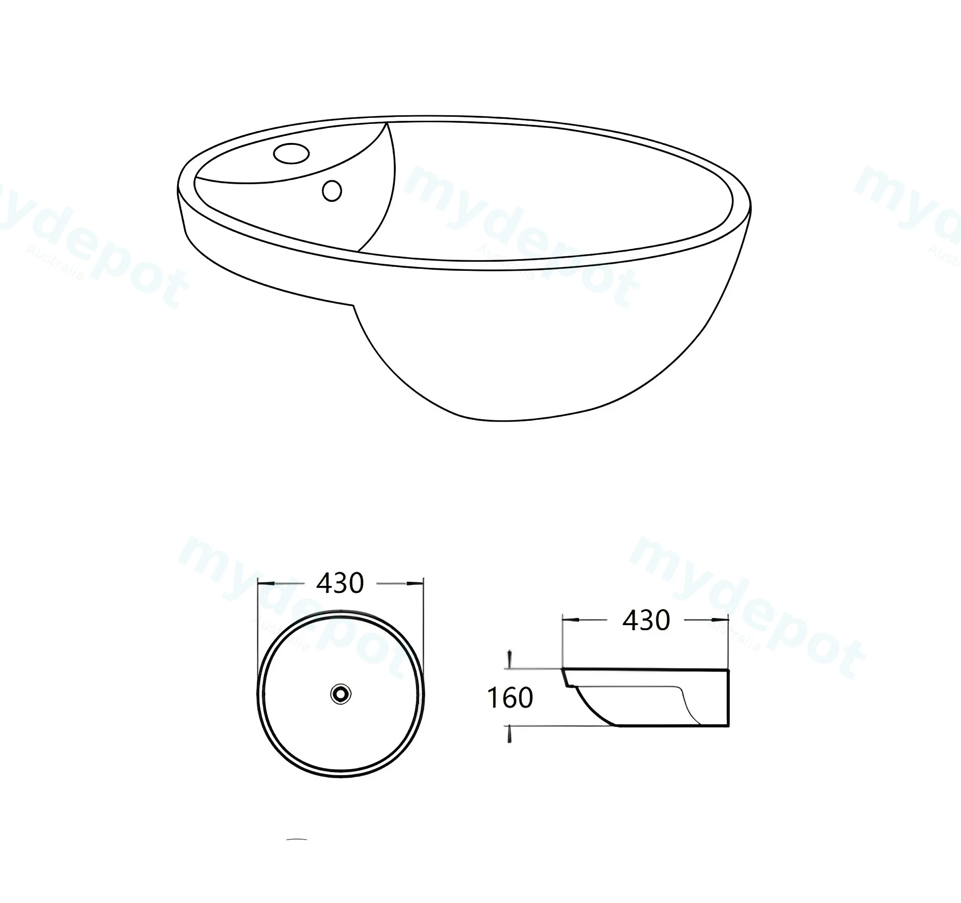 430*430*160mm Gloss White Orbi Fine Ceramic Semi Ress Basin Overflow,32mm Waste view 2