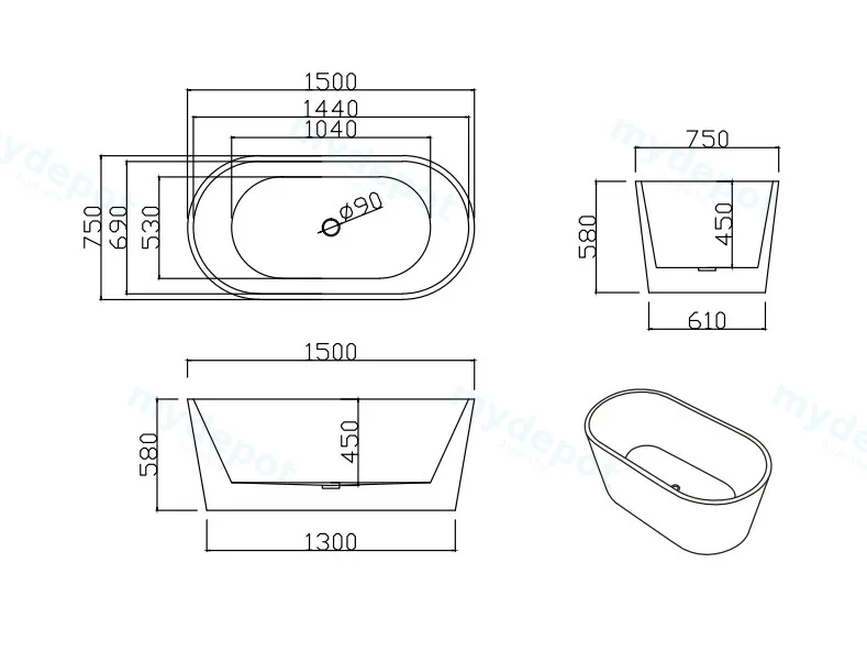 1500X800X600mm Gloss White Agena Acylic Free Standing Bathtub No Overflow,Chrome Waste And Pipe Included view 2