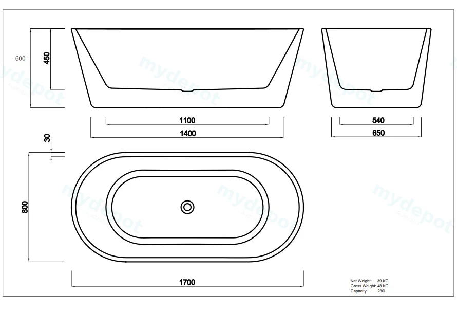 1700X800X600 Gloss White Agena Acylic Free Standing Bathtub No Overflow,Chrome Waste And Pipe Included view 2