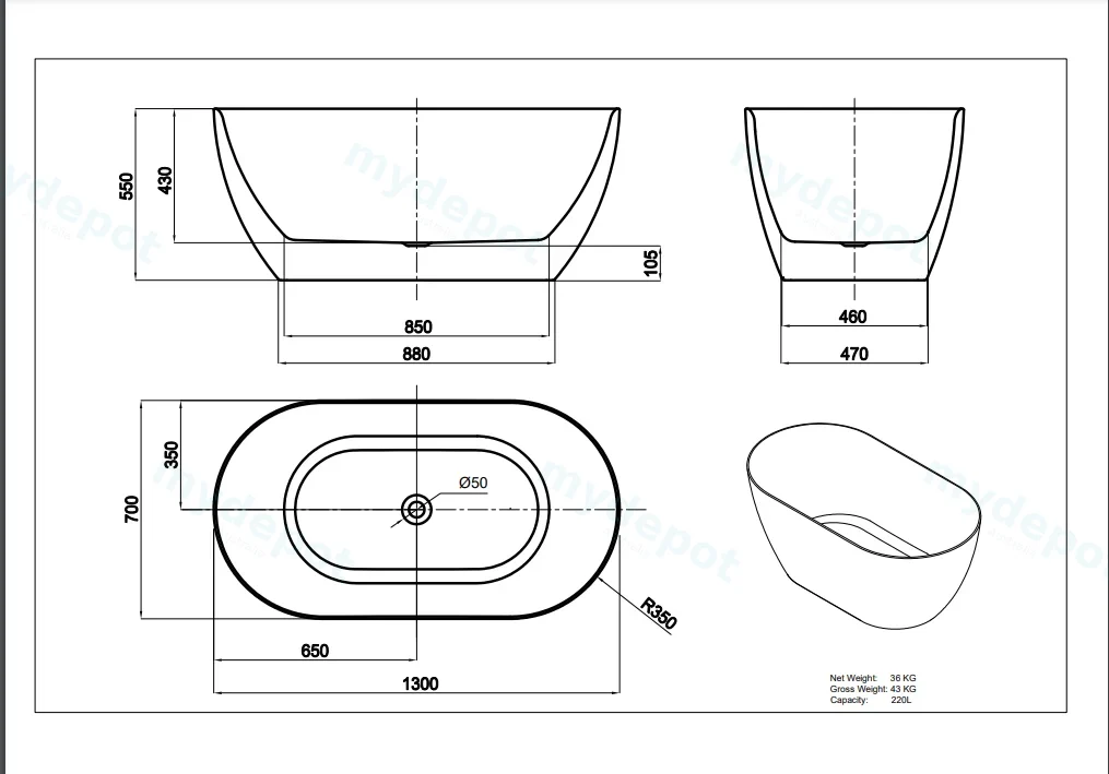 1300*700*550mm Gloss White Ellips Slim Acrylic Free Standing Bathtub No Overflow Chrome Waste And Pipe Inlcuded view 2