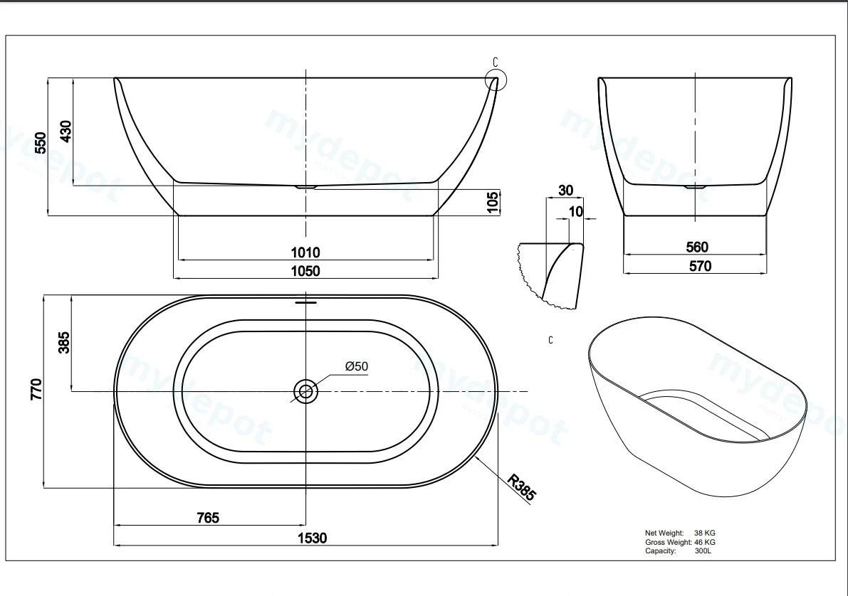 1530*770*550mm Gloss White Ellips Slim Acrylic Freestanding Bathtub No Overflow Chrome Waste And Pipe Inlcuded view 2