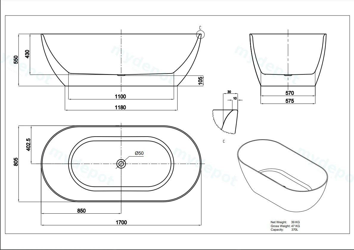 1700*805*550mm Gloss White Ellips Slim Acrylic Freestanding Bathtub No Overflow Chrome Waste And Pipe Inlcuded view 2