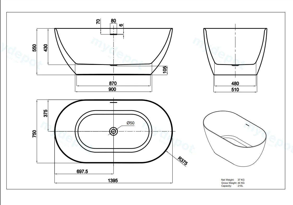 1395*750*550mm Gloss White Ellips Slim Freestanding Acrylic Bathtub Overflow Chrome Waste And Pipe Inlcuded view 2