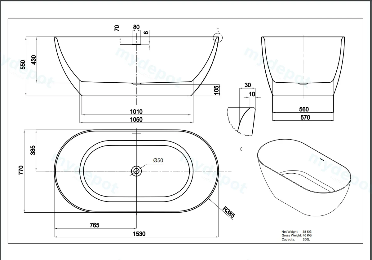 1530*770*550mm Gloss White Ellips Slim Freestanding Acrylic Bathtub Overflow Chrome Waste And Pipe Inlcuded view 2