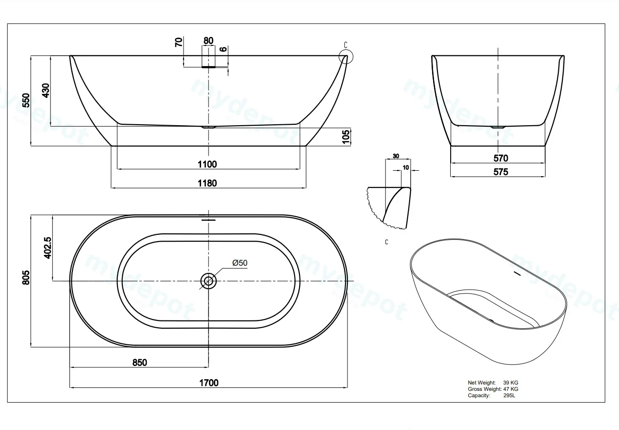 1700*805*550mm Gloss White Ellips Slim Acrylic Freestanding Bathtub Overflow Chrome Waste And Pipe Inlcuded view 2