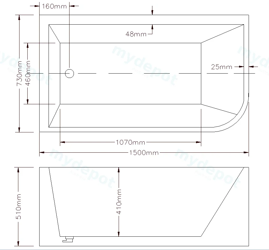 1500X730X510mm Gloss White Clayton Free Standing Bath Left Corner None Overflow 40mm Waste+Pipe Supplied view 2