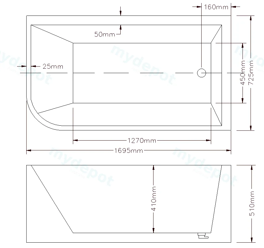 1700X730X510mm Gloss White Clayton Free Standing Bath Right Corner None Overflow 40mm Waste+Pipe Supplied view 2