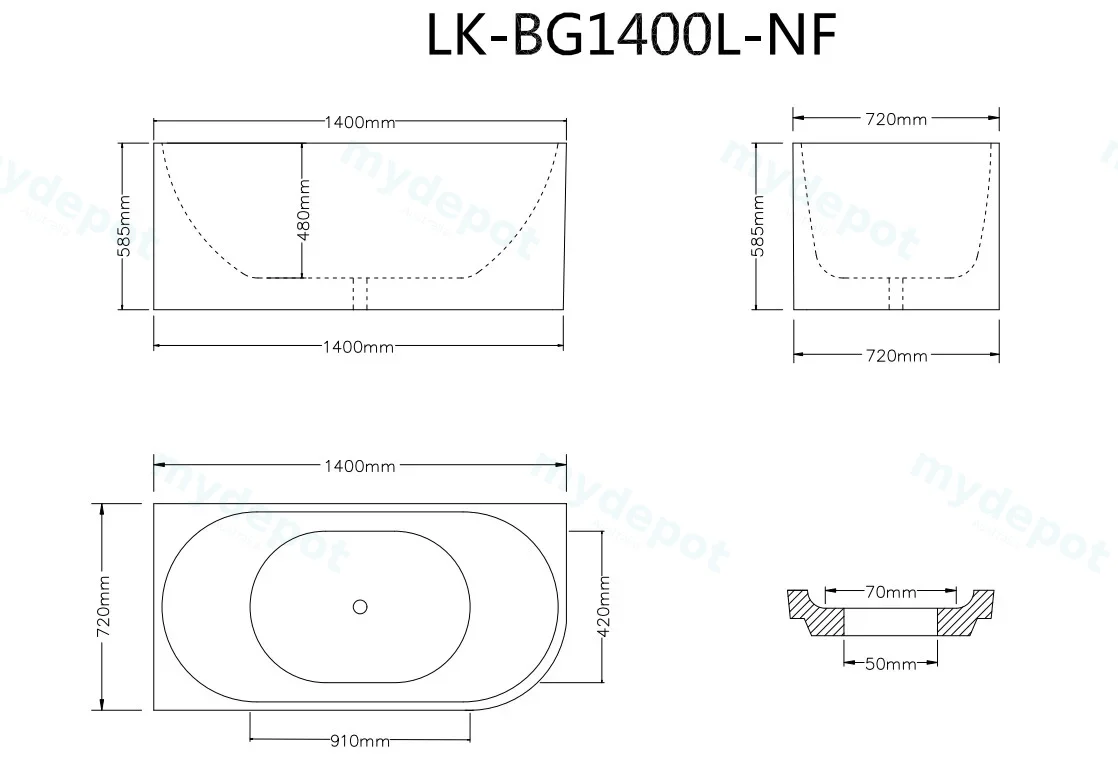 1400X750X600mm Gloss White Bingie Skirt Bath Left Coner None Overflow 40mm Waste+Pipe Supplied view 2