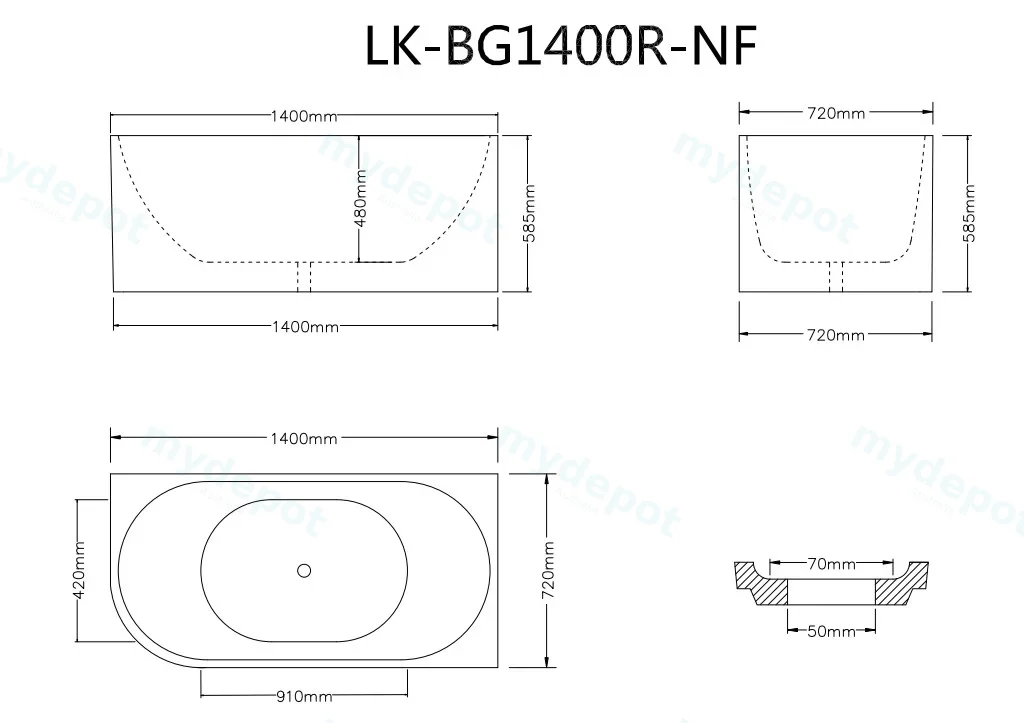 1400X750X600mm Gloss White Bingie Skirt Bath Right Coner None Overflow 40mm Waste+Pipe Supplied view 2