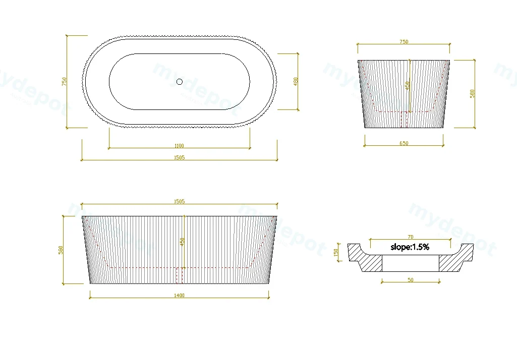1500X750X580mm Matte White Agena Fluted Acrylic Free Standing Bath None Overflow 40mm Waste+Pipe Supplied view 2