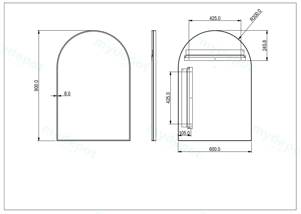 600X900X35mm Brushed Gold Arco Frame Mirror view 2