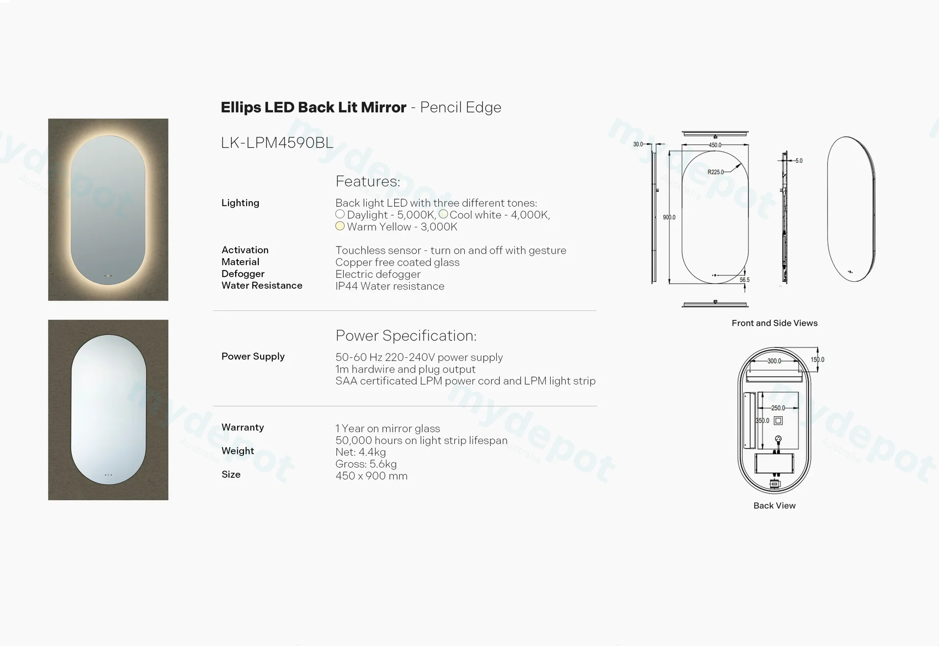 450(W)*900mm(H) Ellips LED Back Lit Mirror Pencil Edge view 3