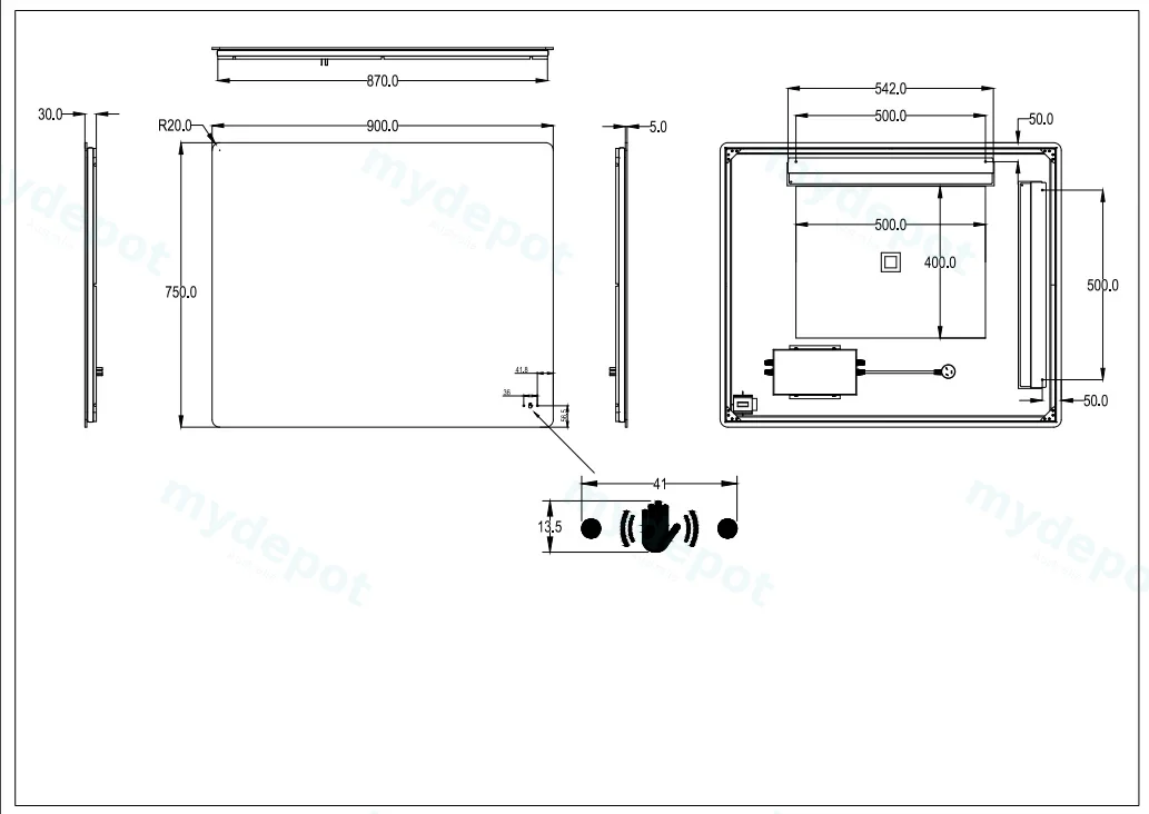 900*750mm Recta LED Back Lit Pencil Edge Mirror view 2