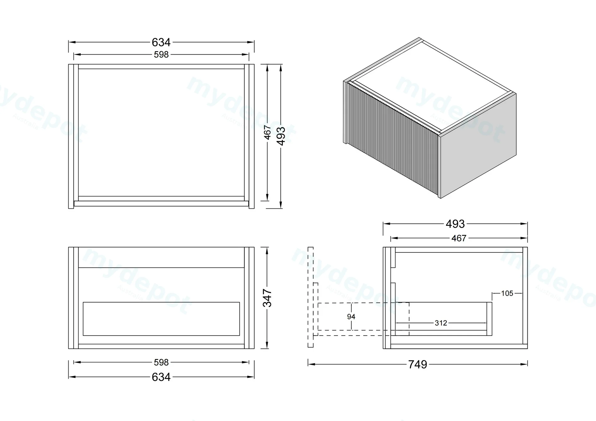 600mm Customised Kiama One Drawer Plywood Wall Hung Vanity Cabinet Only Dark Grey view 2