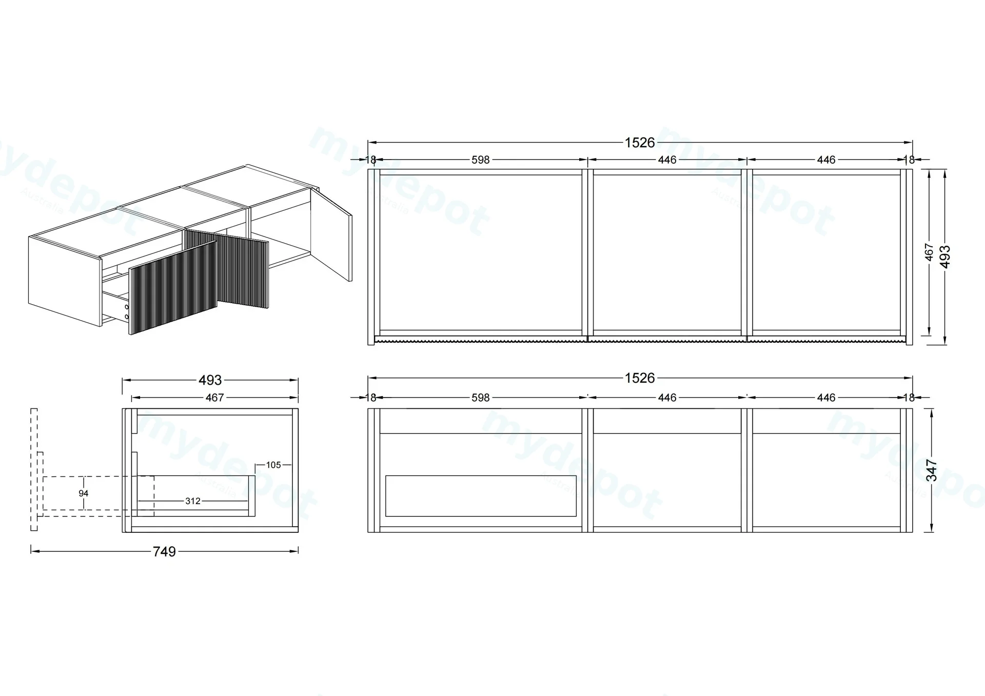 1500mm Customised Kiama Three Drawers Plywood Wall Hung Vanity Cabinet Only Dark Grey view 2