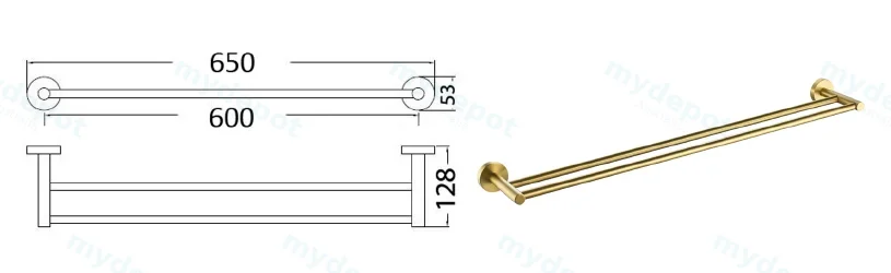 Otus Round Double Towel Rail 600mm(Brushed Gold) view 2