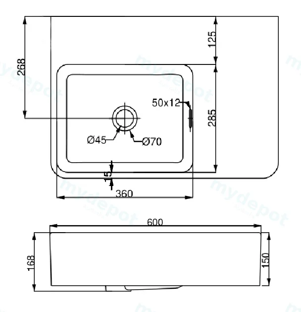 600x425x168mm Gloss White Art Wall Hung Right Hand Side Basin view 4