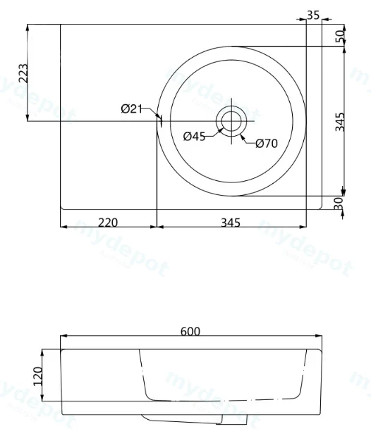 600x425x168mm Gloss White Art Round Wall Hung Left Hand Side Basin view 2